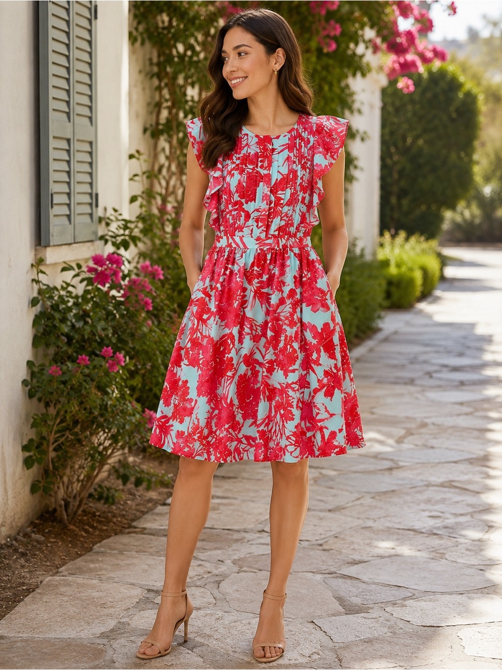 BR Sz 0 NWT Floral Ruffle Sleeve Dress Aqua Pink Fit & Flare Pockets Dressy Chic